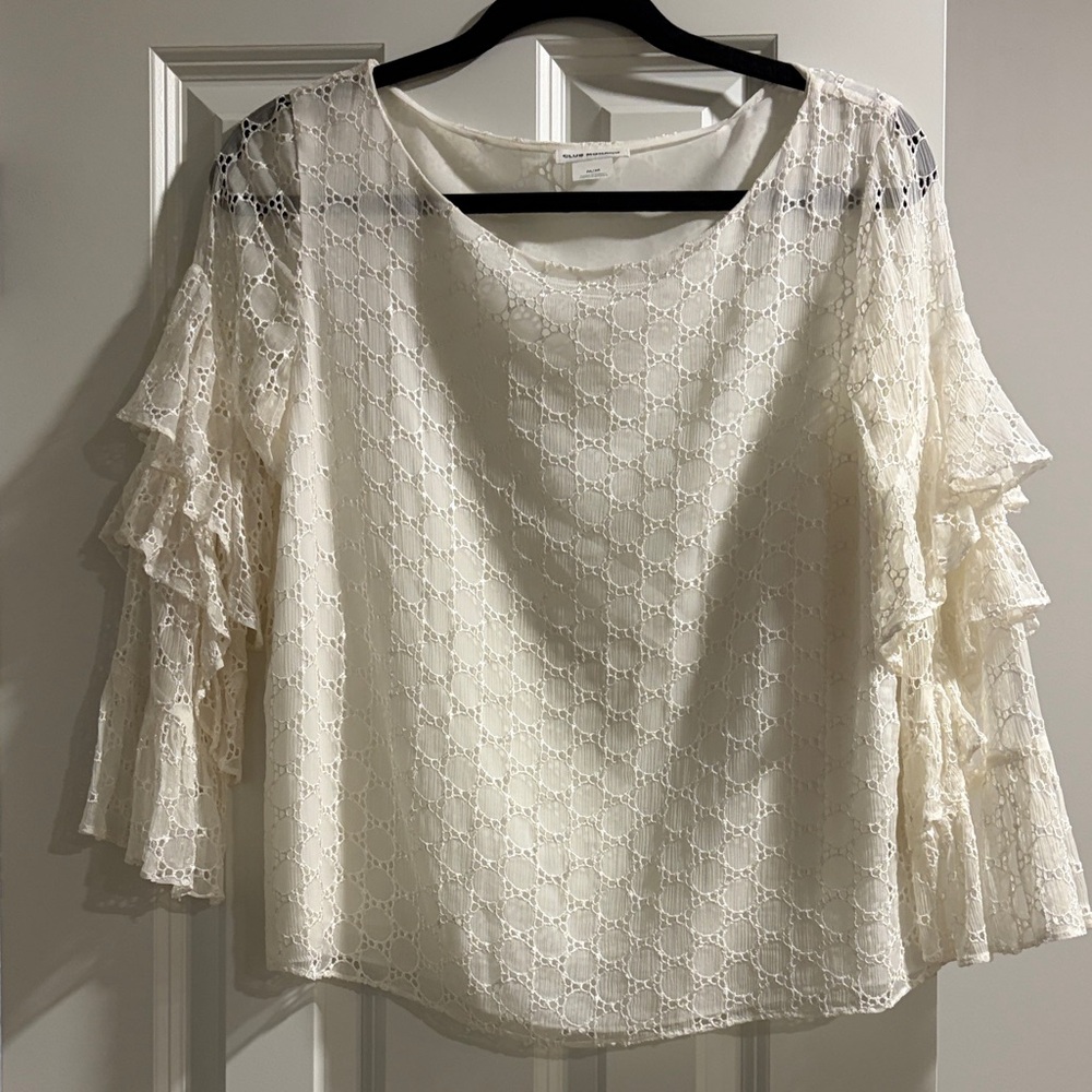Club Monaco Lace Blouse with Ruffle Sleeves in Cream